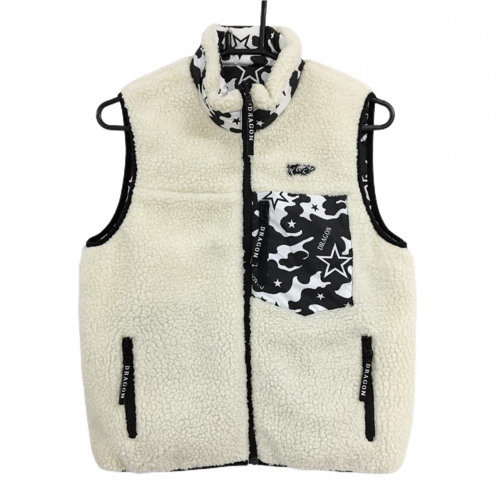 ダンスウィズドラゴン リバーシブルボアダウンベスト アイボリー×黒×白 一部星柄  レディース 2(M) ゴルフウェア Dance With Dragon