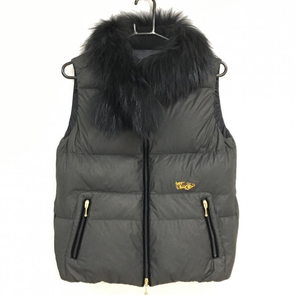 【美品】ダンスウィズドラゴン ダウンベスト 黒系 ラメ 襟内側起毛 ラクーンファー着脱可 レディース 3(L) ゴルフウェア Dance With Dragon