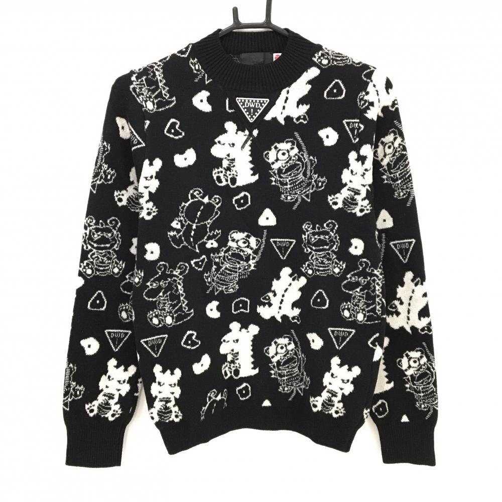 【美品】ダンスウィズドラゴン ハイネックセーター 黒×白 チビドラ総柄 ニット ウール混 レディース 2(M) ゴルフウェア Dance With Dragon
