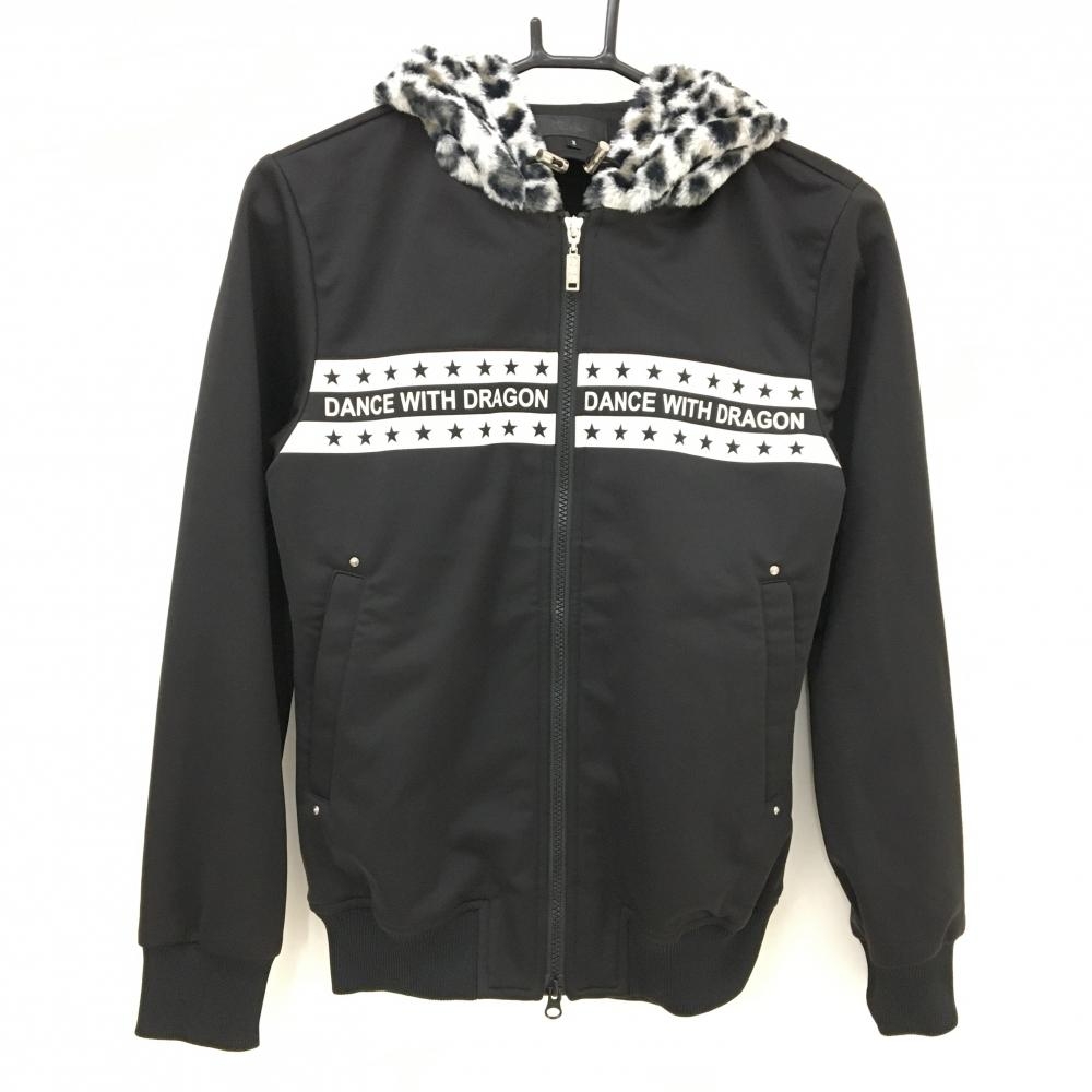 【超美品】ダンスウィズドラゴン ジップパーカー 黒×グレー フードレオパード柄・ファー レディース 2(M) ゴルフウェア Dance With Dragon