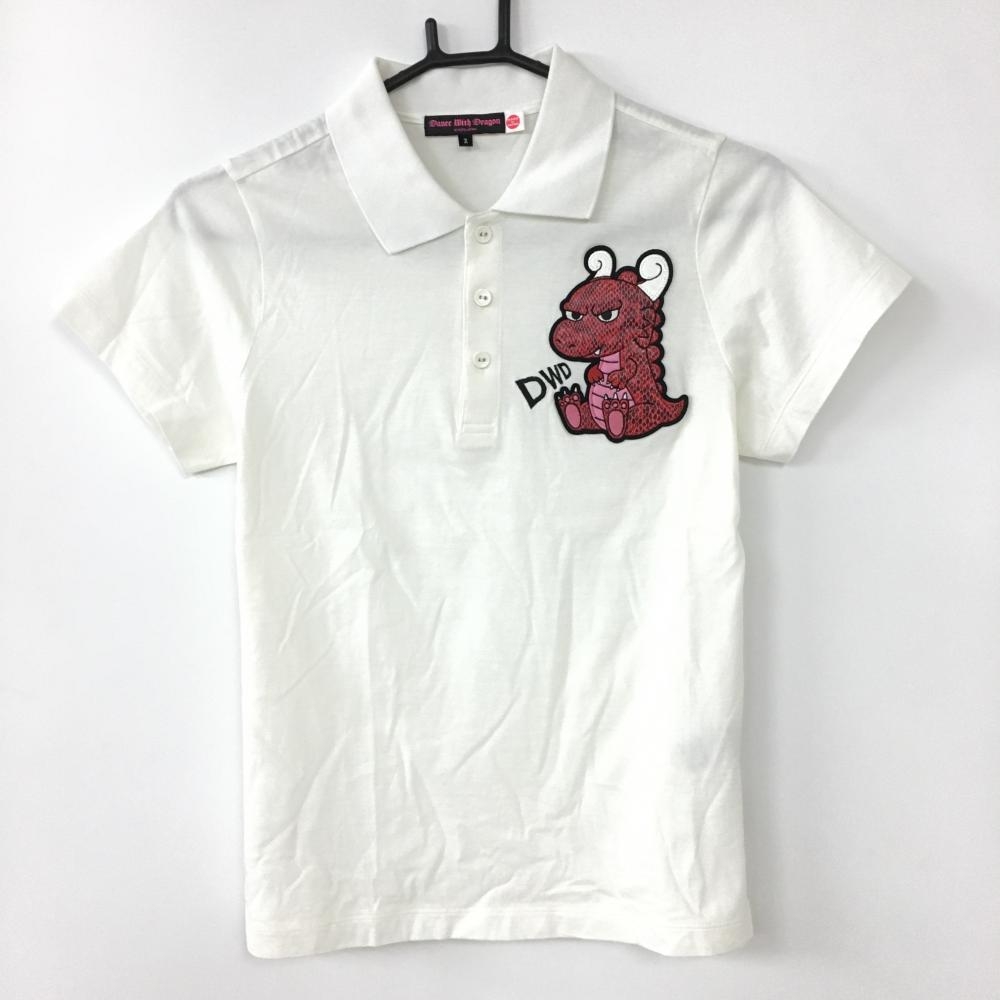 ダンスウィズドラゴン 半袖ポロシャツ 白×レッド ビッグチビドラワッペン 後ろ無地  レディース 2(M) ゴルフウェア Dance With Dragon 画像