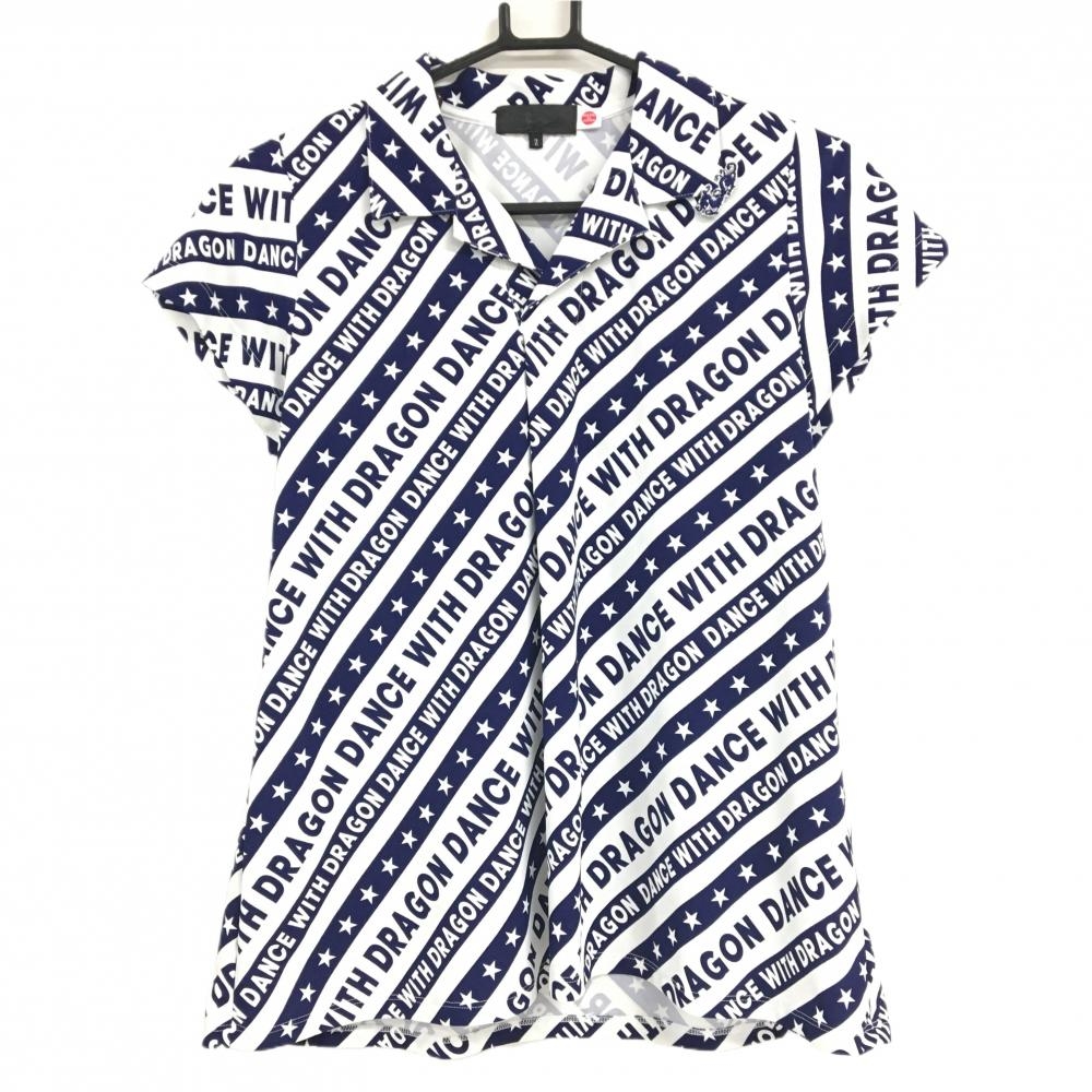 【美品】ダンスウィズドラゴン 半袖ポロシャツ ブルー×白ロゴ総柄 星 スキッパーシャツ  レディース 2(M) ゴルフウェア Dance With Dragon 画像