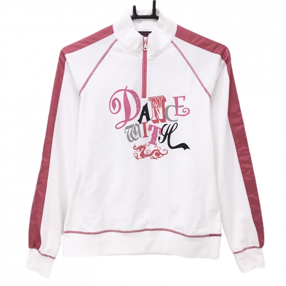 【超美品】ダンスウィズドラゴン 長袖ポロシャツ 白×ピンク 凹凸生地 ハーフジップ  レディース 2(M) ゴルフウェア Dance With Dragon