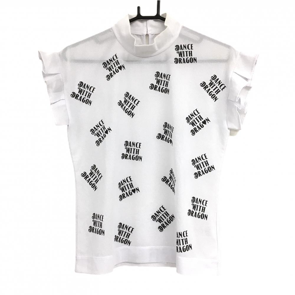 ダンスウィズドラゴン 半袖ハイネックシャツ 白×黒 ロゴ総柄 袖口フリル  レディース 2(M) ゴルフウェア Dance With Dragon