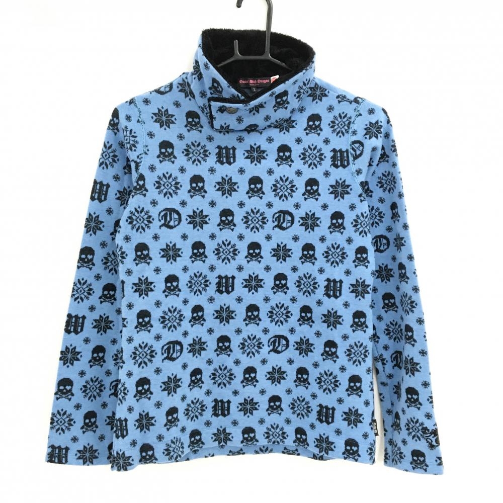 【超美品】ダンスウィズドラゴン 長袖ハイネックシャツ ライトブルー×黒 スカル総柄 レディース 2(M) ゴルフウェア Dance With Dragon