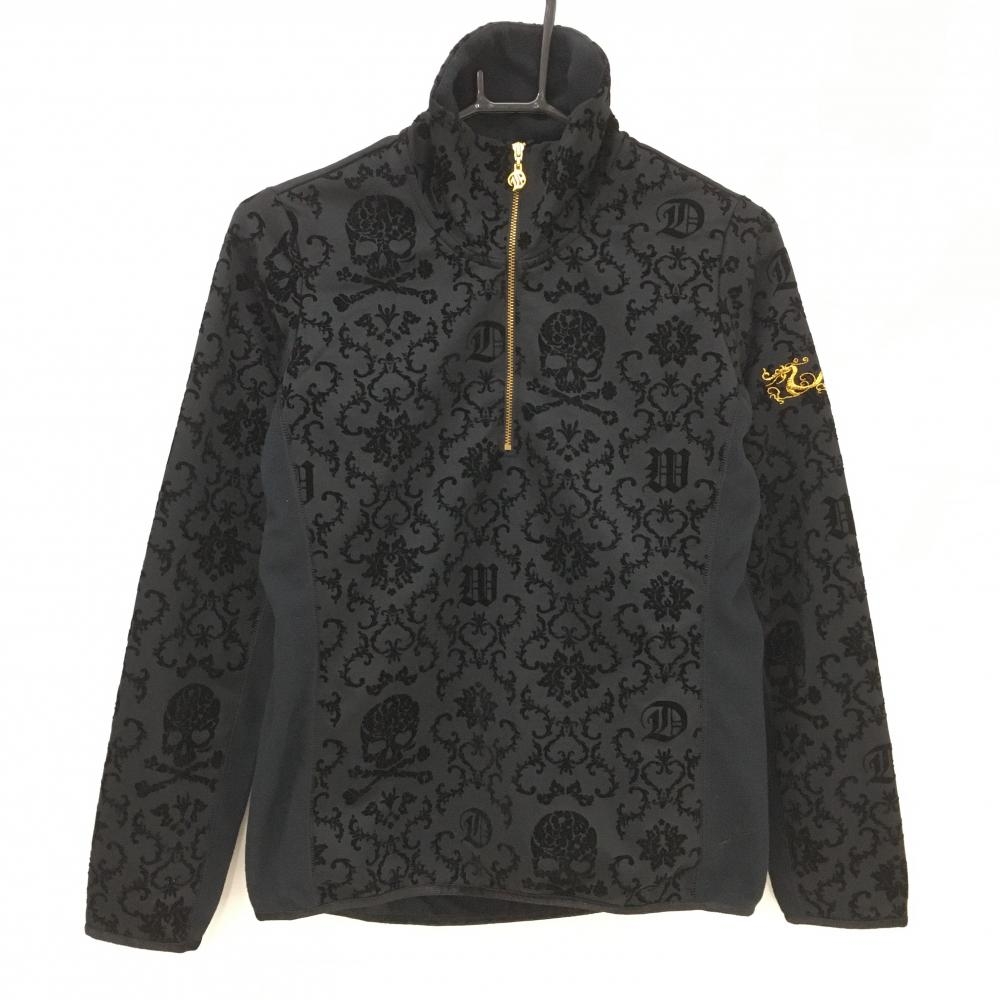 【超美品】ダンスウィズドラゴン 長袖ハイネックシャツ 黒 前身ごろ・袖スカル総柄  レディース 2(M) ゴルフウェア Dance With Dragon