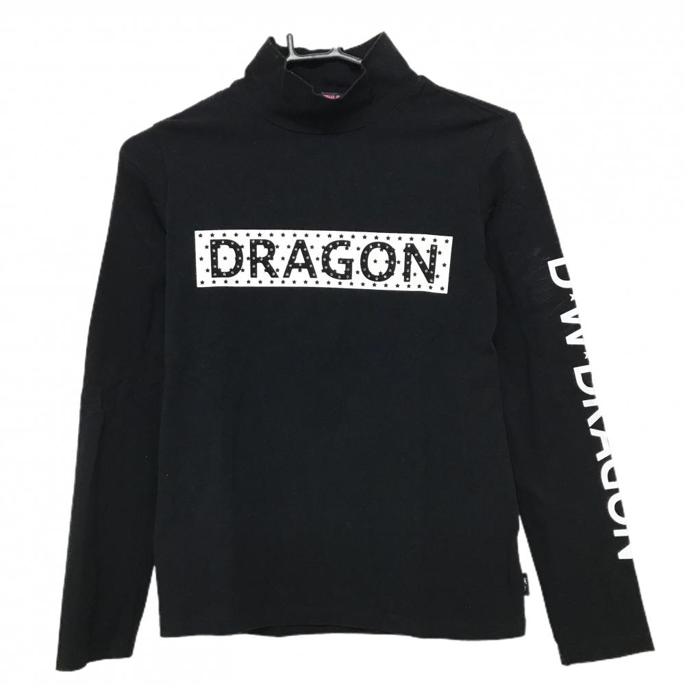 ダンスウィズドラゴン 長袖ハイネックシャツ 黒×白 フロント・袖ロゴ ストレッチ レディース 2(M) ゴルフウェア Dance With Dragon