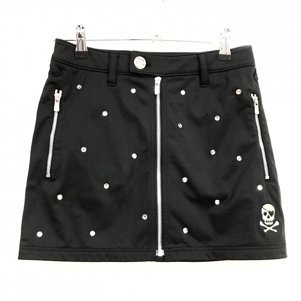 【超美品】ダンスウィズドラゴン スカート 黒 前面ラインストーンスタッズ スカル レディース 1(S) ゴルフウェア Dance With Dragon