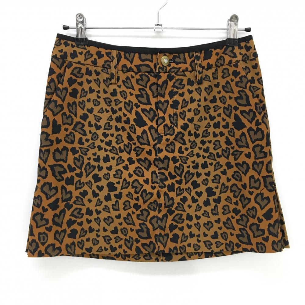 【超美品】ダンスウィズドラゴン スカート ブラウン×黒 レオパード風 ハート レディース 3(L) ゴルフウェア Dance With Dragon
