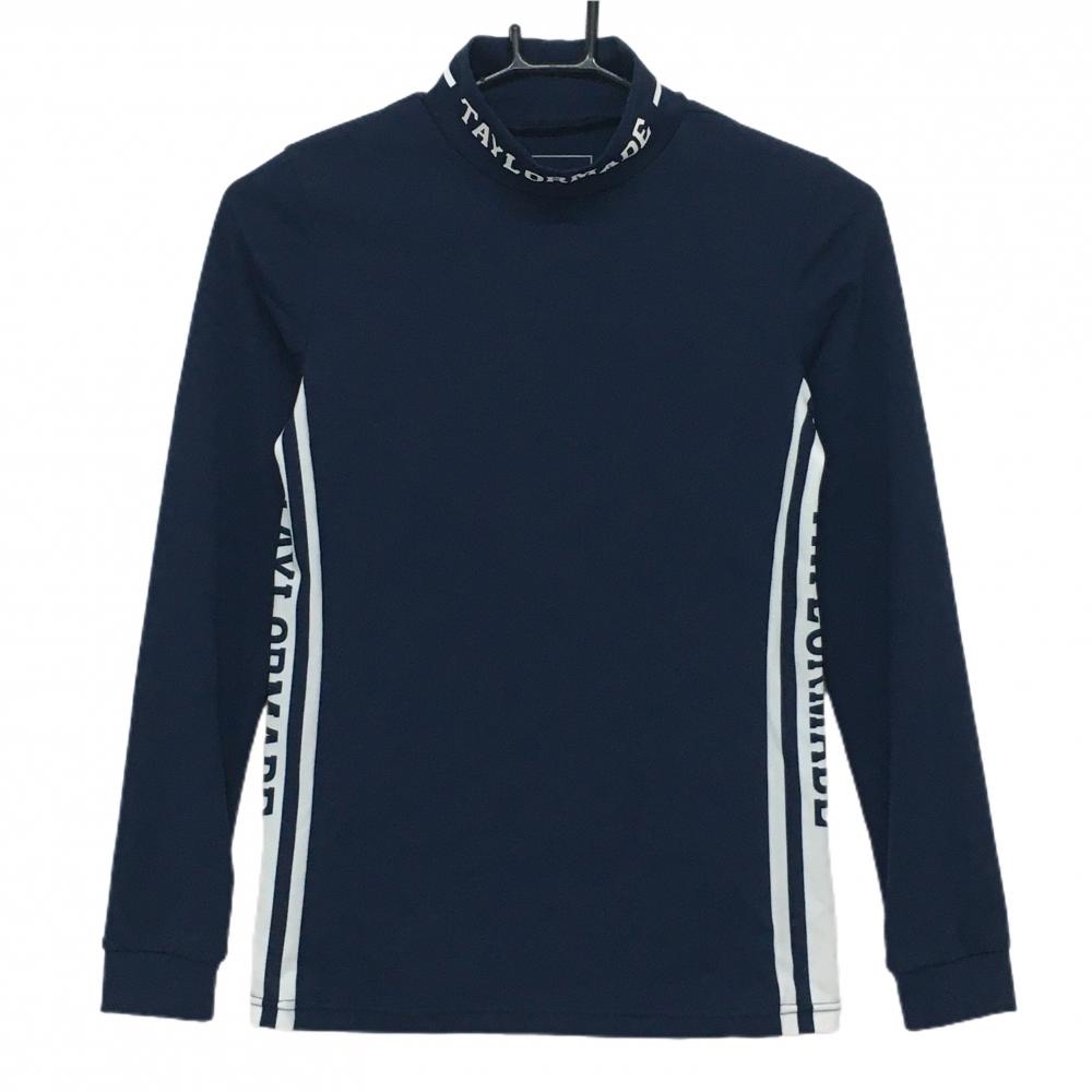 【美品】テーラーメイド 長袖ハイネックシャツ ネイビー×白 ネック・サイドロゴ ストレッチ レディース XS ゴルフウェア TaylorMade