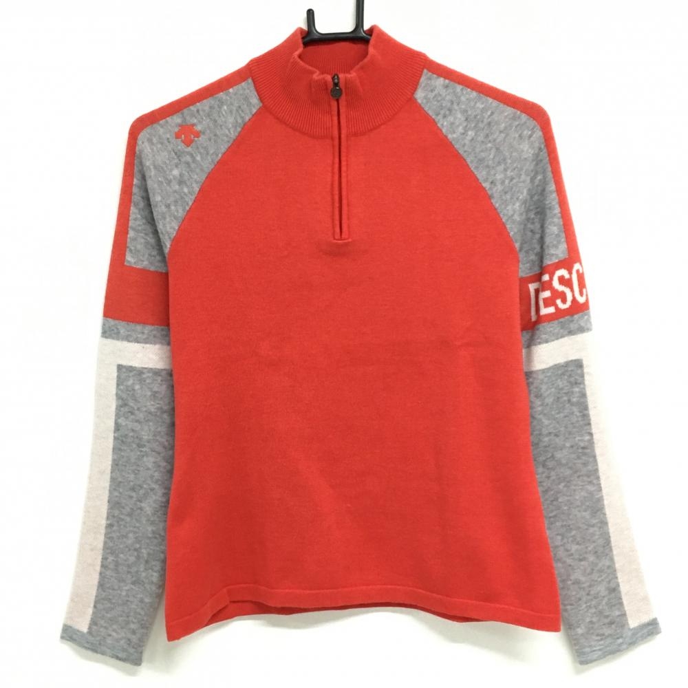 デサントゴルフ ハイネックセーター グレー×オレンジ系 ハーフジップ 袖ロゴ 中田英寿 ニット レディース M ゴルフウェア DESCENTE