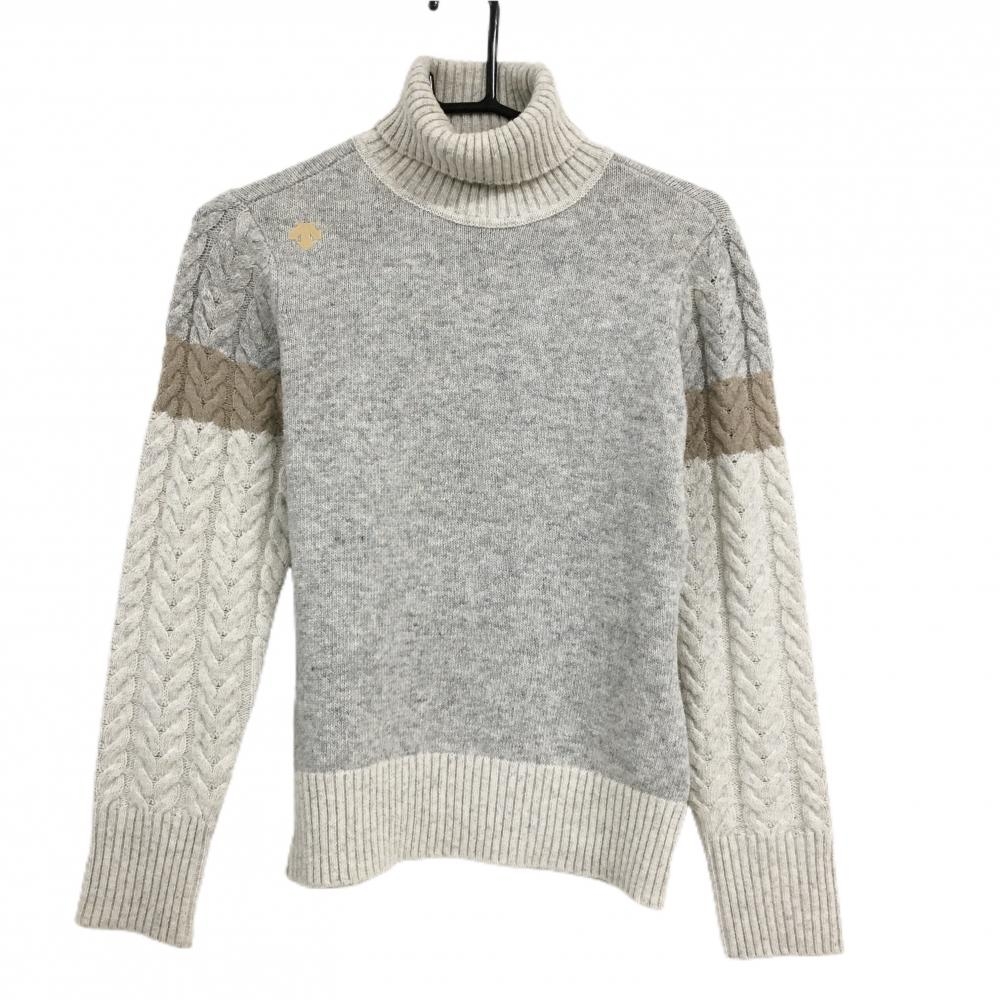 デサントゴルフ タートルネックセーター 杢ライトグレー×アイボリー×ブラウン 袖ケーブル編み レディース S ゴルフウェア DESCENTE