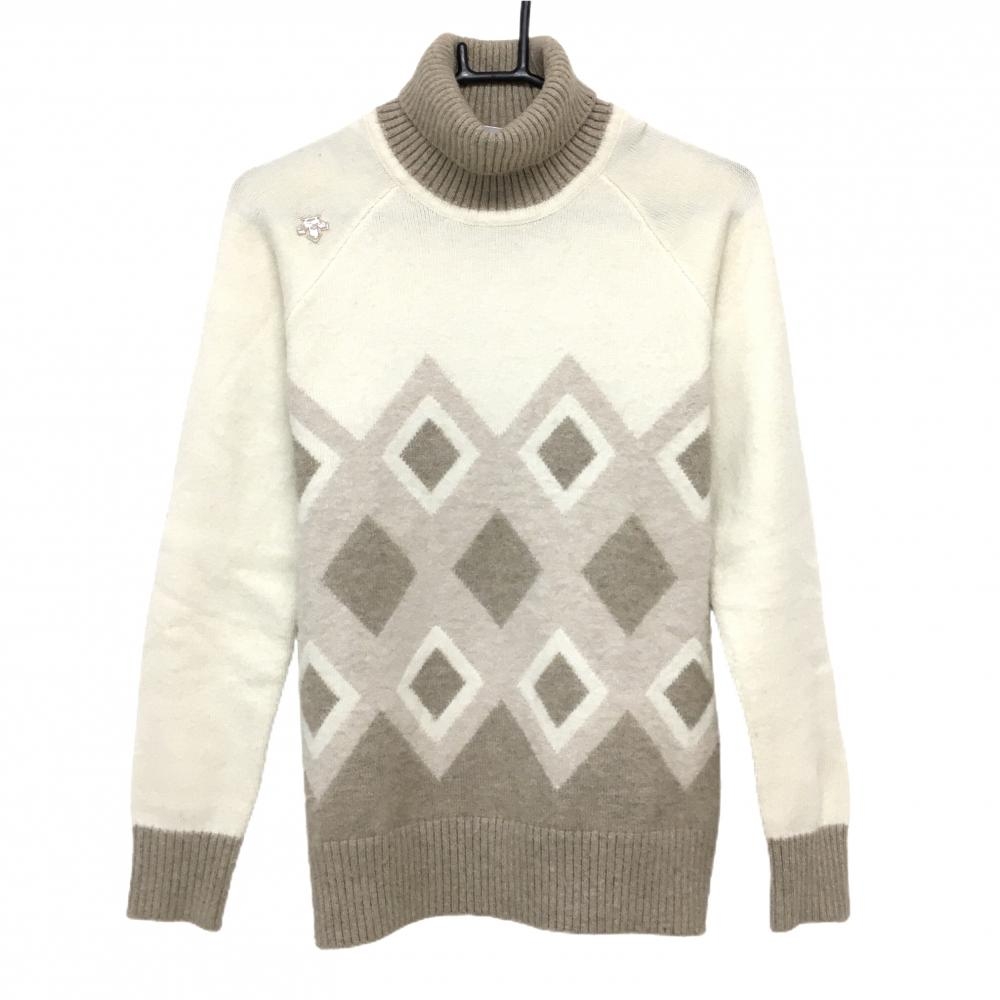 デサントゴルフ タートルネックセーター 白×ベージュ 一部ダイヤ柄 ニット 中田英寿 レディース M ゴルフウェア DESCENTE