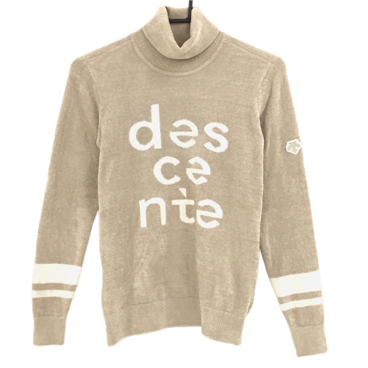 【超美品】デサントゴルフ セーター ベージュ×白 フロントロゴ モールニット 中田英寿 レディース M ゴルフウェア 2023年モデル DESCENTE