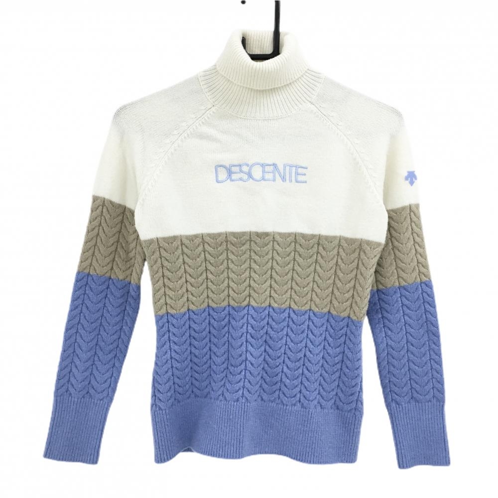 美品】デサントゴルフ タートルネックセーター 白×ベージュ×ライト