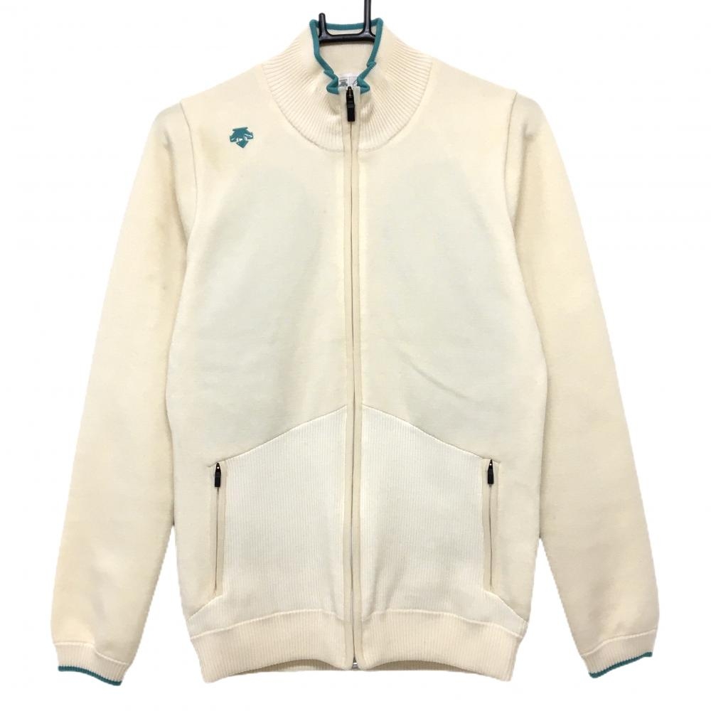 デサントゴルフ ニットジャケット アイボリー×グリーンブルー  レディース M ゴルフウェア DESCENTE