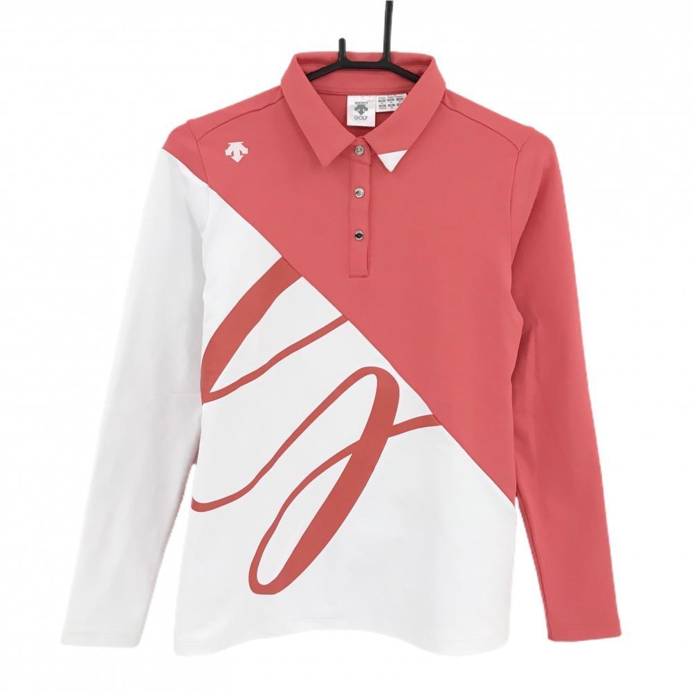 【超美品】デサントゴルフ 長袖ポロシャツ ピンク系×白 バイカラー 裏微起毛 中田英寿 レディース M ゴルフウェア DESCENTE