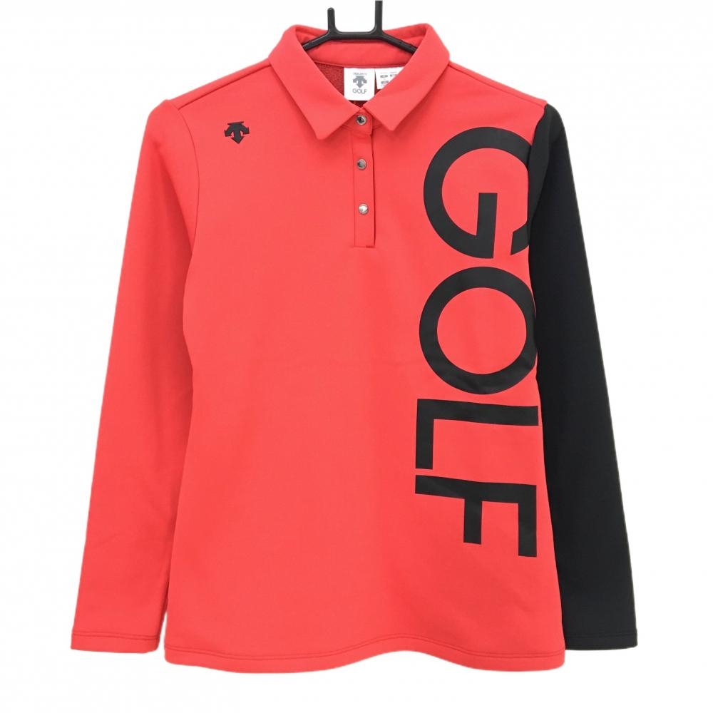 【超美品】デサントゴルフ 長袖ポロシャツ オレンジレッド×黒 サイドビッグプリント 裏起毛 中田英寿 レディース L ゴルフウェア DESCENTE