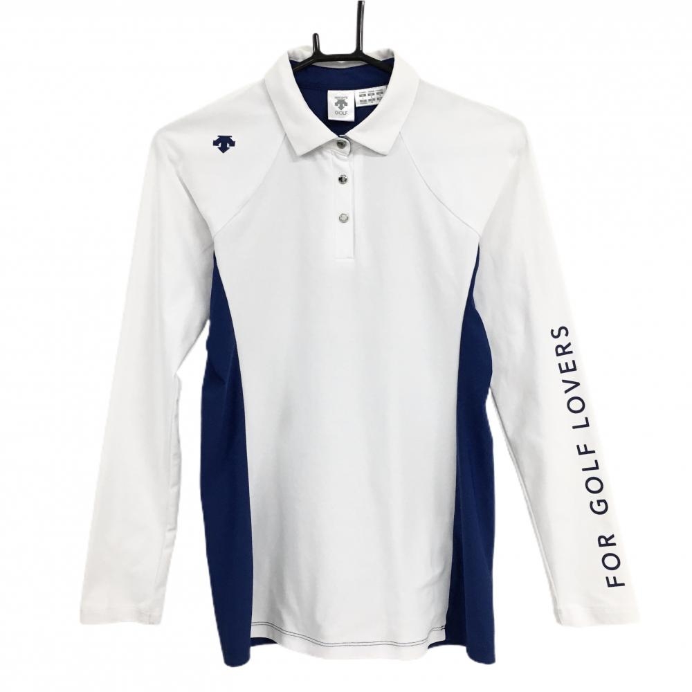 【超美品】デサントゴルフ 長袖ポロシャツ 白×ネイビー 肩ロゴ スナップボタン 中田英寿 レディース L ゴルフウェア DESCENTE