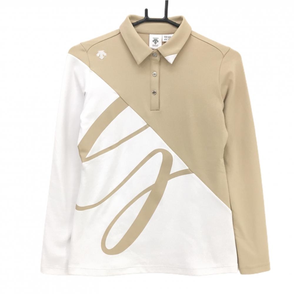 デサントゴルフ 長袖ポロシャツ ベージュ×白 バイカラー 一部柄 中田