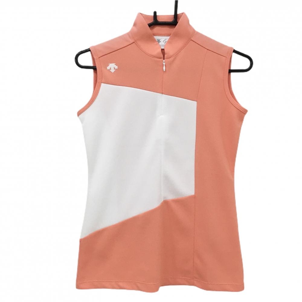 【新品】デサントゴルフ ノースリーブポロシャツ サーモンピンク×白 ハーフジップ 中田英寿 レディース M ゴルフウェア DESCENTE