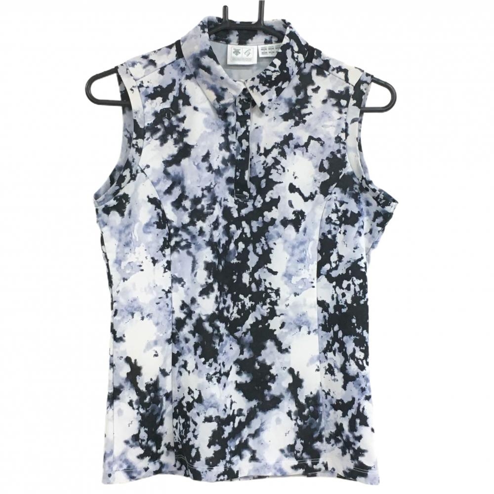 デサントゴルフ ノースリーブポロシャツ グレー系×黒系 総柄 韓国モデル スナップボタン 中田英寿  レディース M ゴルフウェア DESCENTE