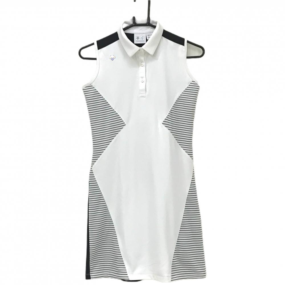 デサントゴルフ ノースリーブポロワンピース 白×黒 一部ボーダー 後ろ一部メッシュ地 レディース S ゴルフウェア DESCENTE