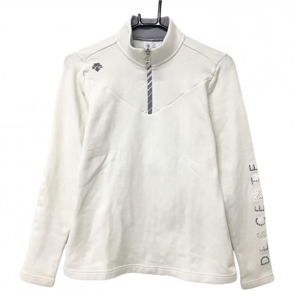 デサントゴルフ 長袖ハイネックシャツ 白×グレー ハーフジップ 裏微起毛 肩ロゴ 袖プリント  レディース M ゴルフウェア DESCENTE