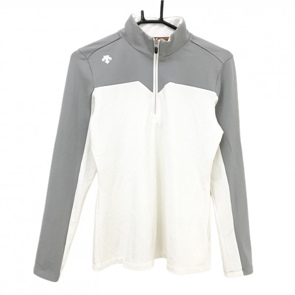 【美品】デサントゴルフ 長袖ハイネックシャツ グレー×白 肩ロゴ 裏微起毛 ハーフジップ 中田英寿 レディース L ゴルフウェア DESCENTE