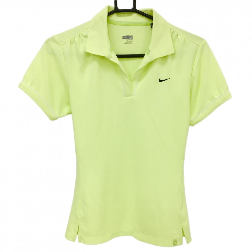 【美品】ナイキ 半袖スキッパーシャツ 蛍光イエロー FITDRY 襟一部透かし編み  レディース M ゴルフウェア NIKE
