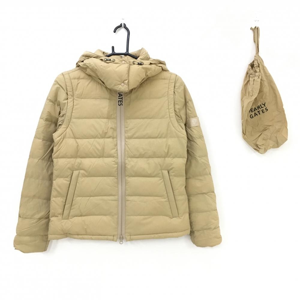 【美品】パーリーゲイツ 4WAYダウンジャケット ベージュ×黒 袖・フード着脱可 収納袋付 レディース 0(S) ゴルフウェア PEARLY GATES