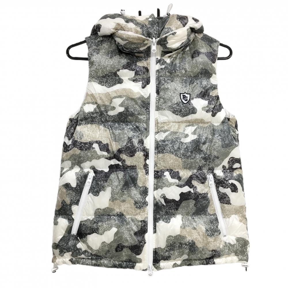 【超美品】パーリーゲイツ 2WAYリバーシブルダウンベスト 白×カーキ かすれカモフラ柄 迷彩 レディース 1(M) ゴルフウェア PEARLY GATES