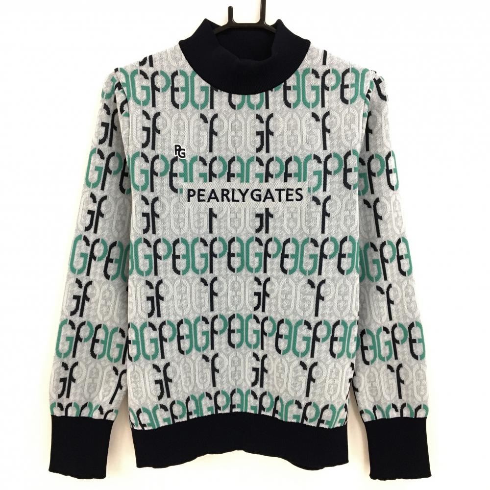 【超美品】パーリーゲイツ セーター ライトグレー×ネイビー ロゴ総柄 ストレッチ ニット レディース 2(L) ゴルフウェア PEARLY GATES