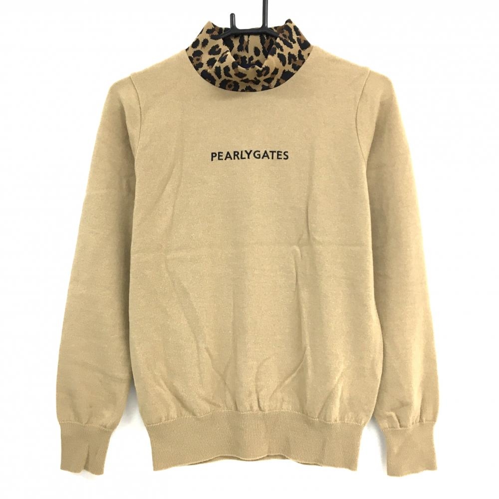 【超美品】パーリーゲイツ ハイネックセーター ライトブラウン×黒 ネックレオパード ニット レディース 1(M) ゴルフウェア PEARLY GATES