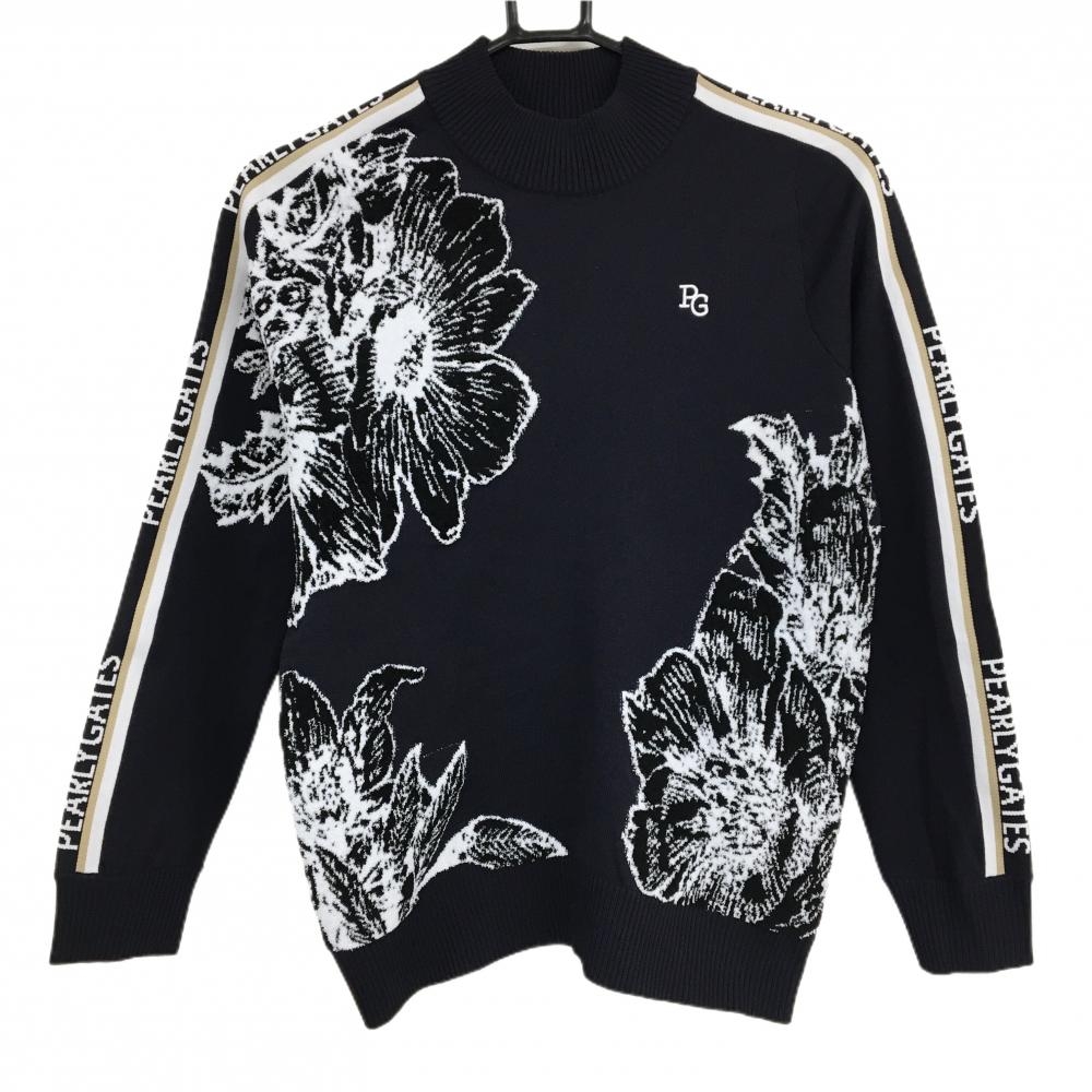 超美品】パーリーゲイツ ハイネックセーター ダークネイビー×白 花柄