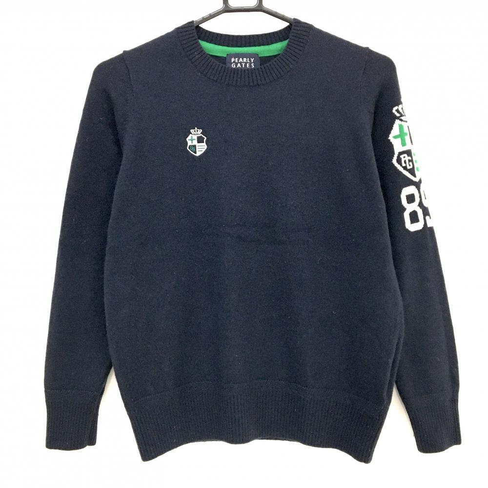 美品】パーリーゲイツ セーター ネイビー×白 袖ロゴ カシミヤ混 ニット