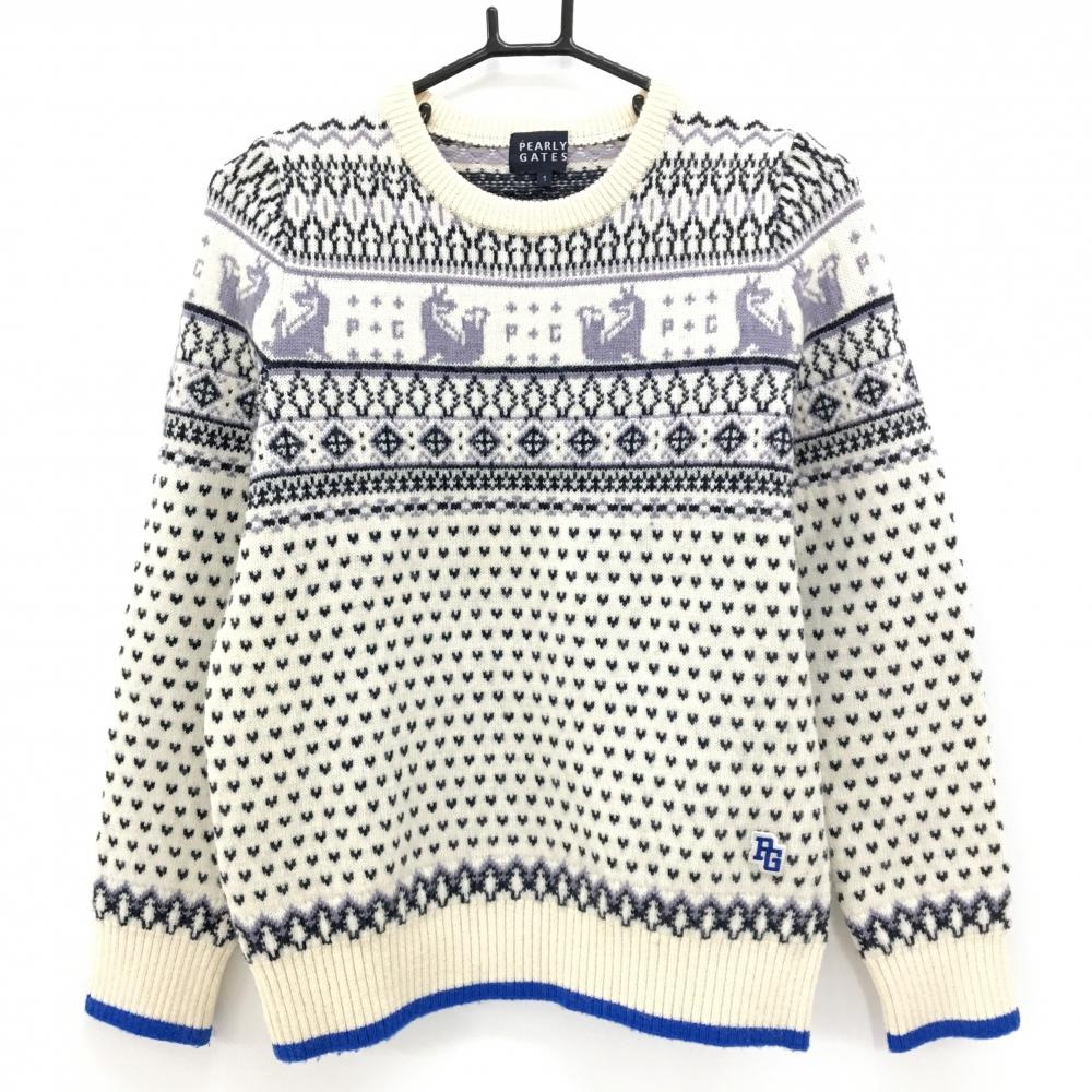 美品】パーリーゲイツ セーター 白×ネイビー 総柄 アルパカ混 エルボー
