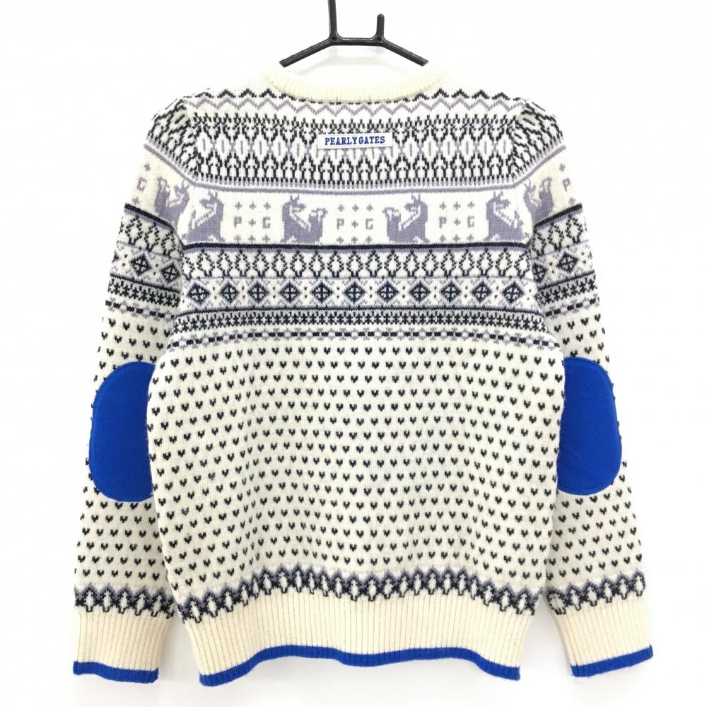 美品】パーリーゲイツ セーター 白×ネイビー 総柄 アルパカ混 エルボー