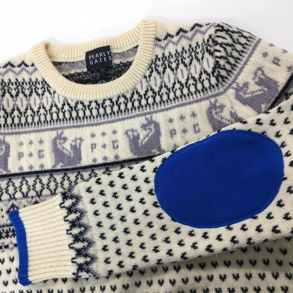 美品】パーリーゲイツ セーター 白×ネイビー 総柄 アルパカ混 エルボー