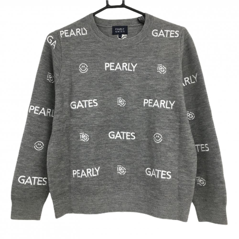 【パーリーゲイツ】美品 ニットセーター ニコちゃん グレー 1 レディース 美品】パーリーゲイツ セーター グレー×白 ロゴ総柄 ニコちゃん