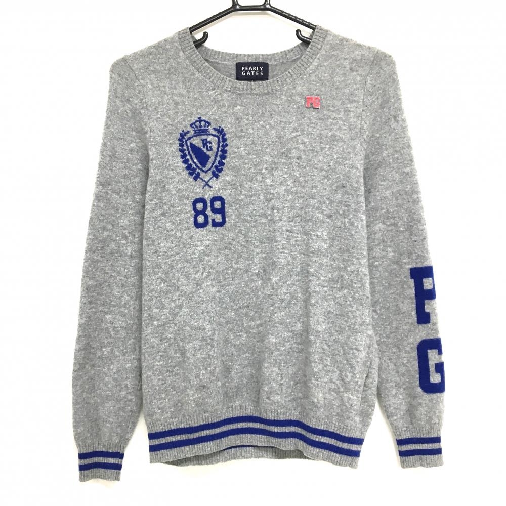 【超美品】パーリーゲイツ セーター グレー カシミヤ 袖口・裾ラインニット レディース 0(S) ゴルフウェア PEARLY GATES