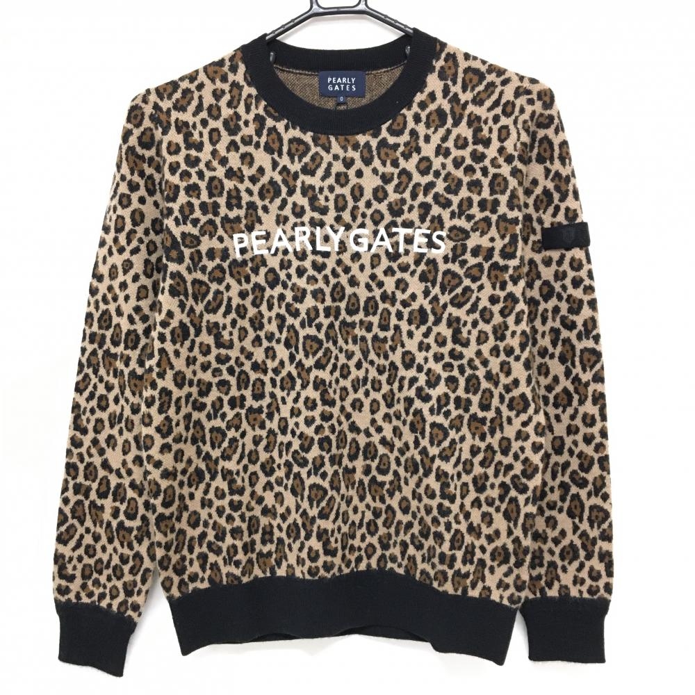 【新品】パーリーゲイツ セーター ベージュ系×黒 レオパード柄 ロゴ白 カシミヤ混 ニット レディース 0(S) ゴルフウェア PEARLY GATES