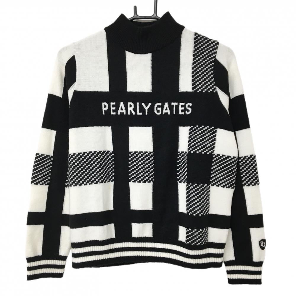 美品】パーリーゲイツ ハイネックセーター 白×黒 チェック ニット 羊毛