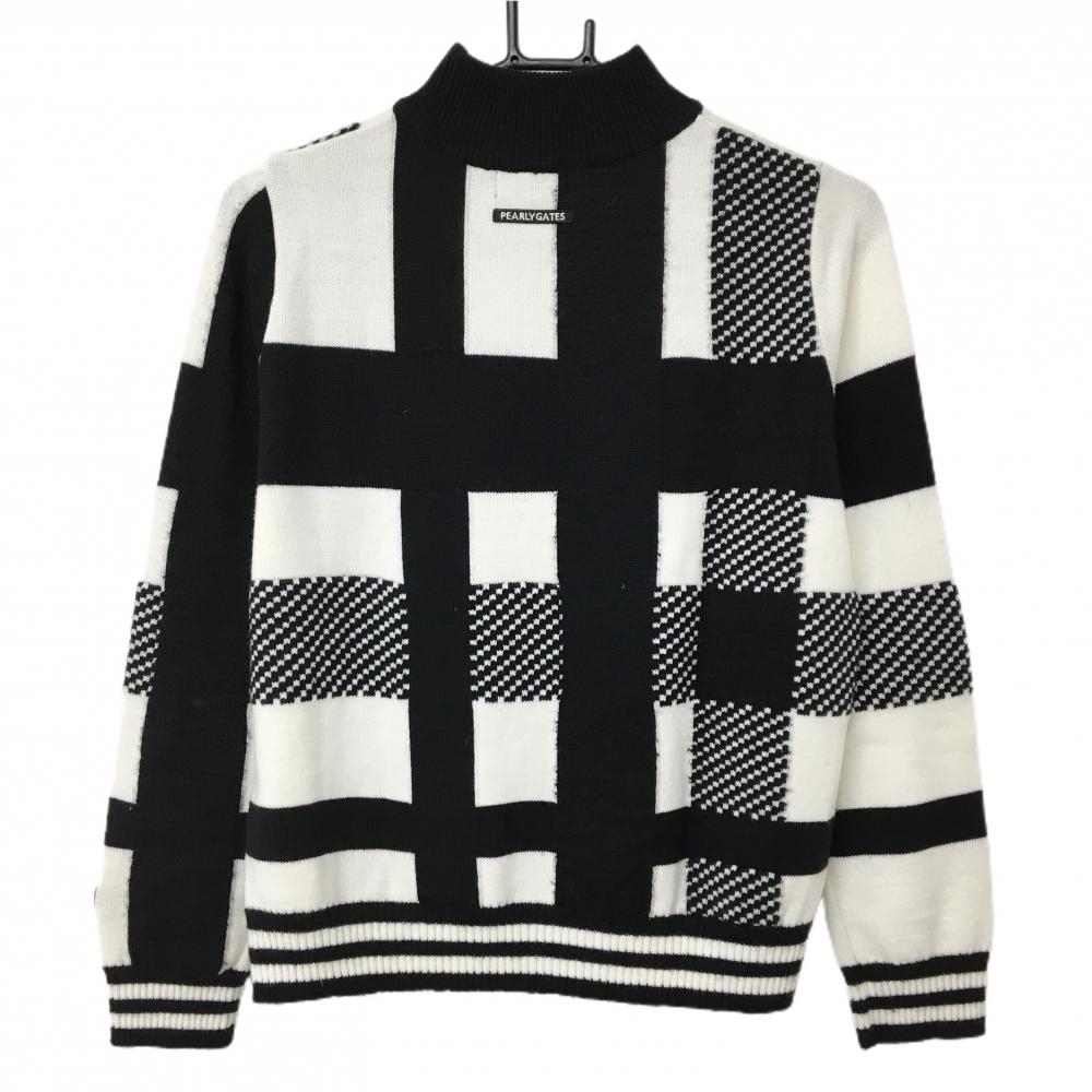 美品】パーリーゲイツ ハイネックセーター 白×黒 チェック ニット 羊毛