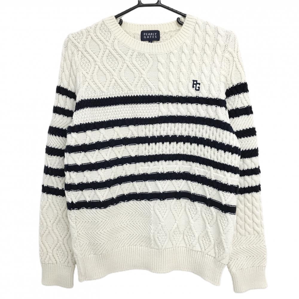 【美品】パーリーゲイツ セーター アイボリー系×ネイビー ニット 一部ケーブル編み ウール混 レディース 1(M) ゴルフウェア PEARLY GATES