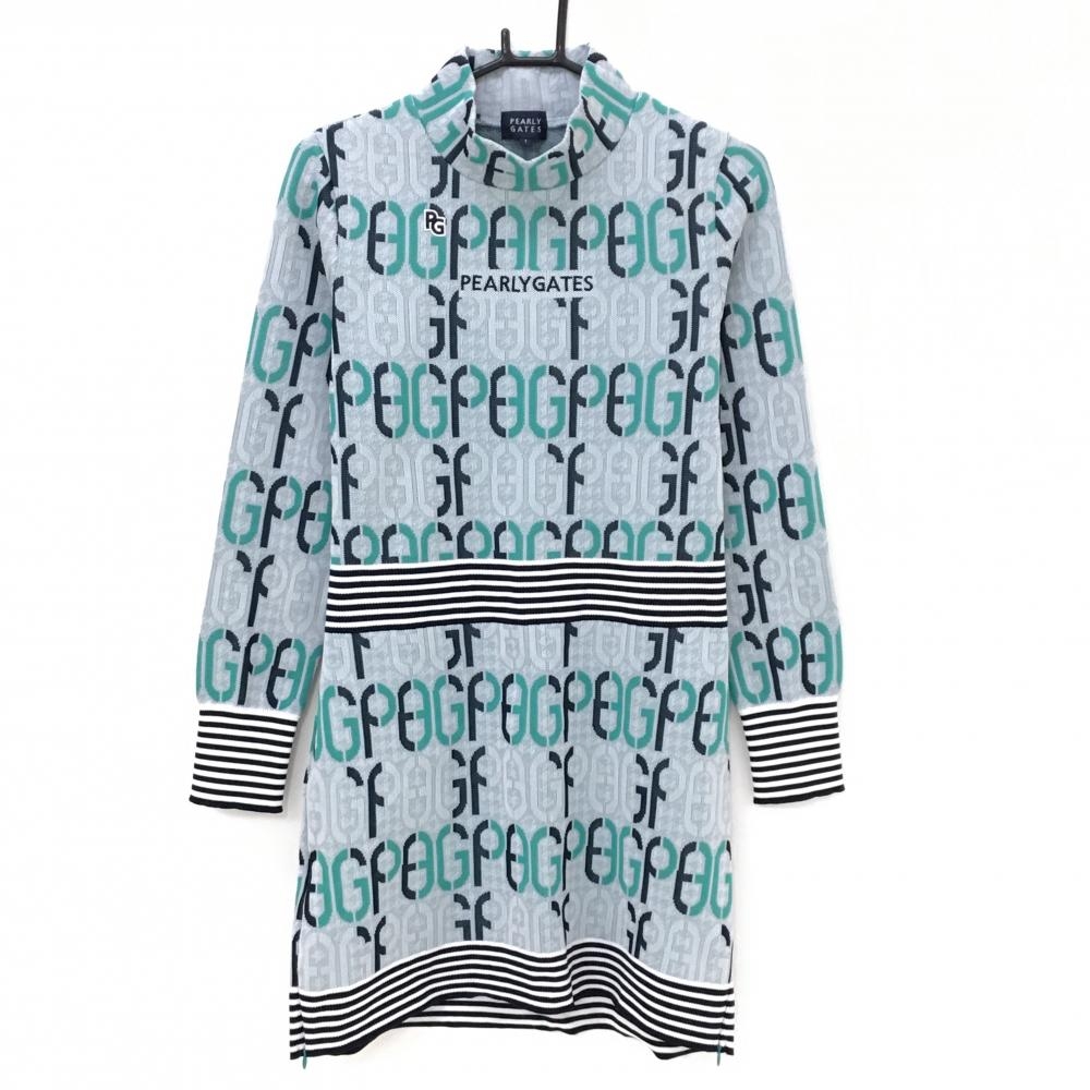 パーリーゲイツ 長袖ニットワンピース グレー×グリーン 英字総柄