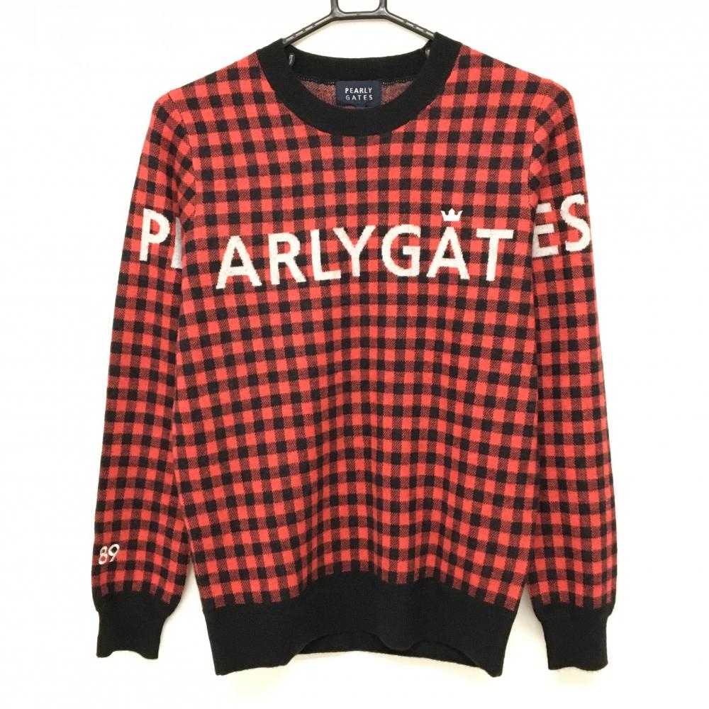 新品】パーリーゲイツ セーター ピンクレッド系×黒 チェック カシミヤ
