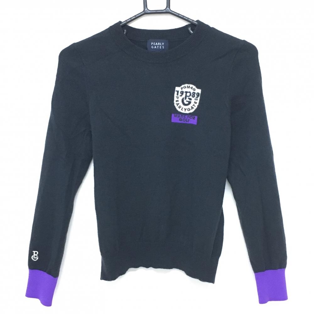 【美品】パーリーゲイツ セーター 黒×パープル 後ろロゴ ウール混 ニット  レディース 0(S) ゴルフウェア PEARLY GATES