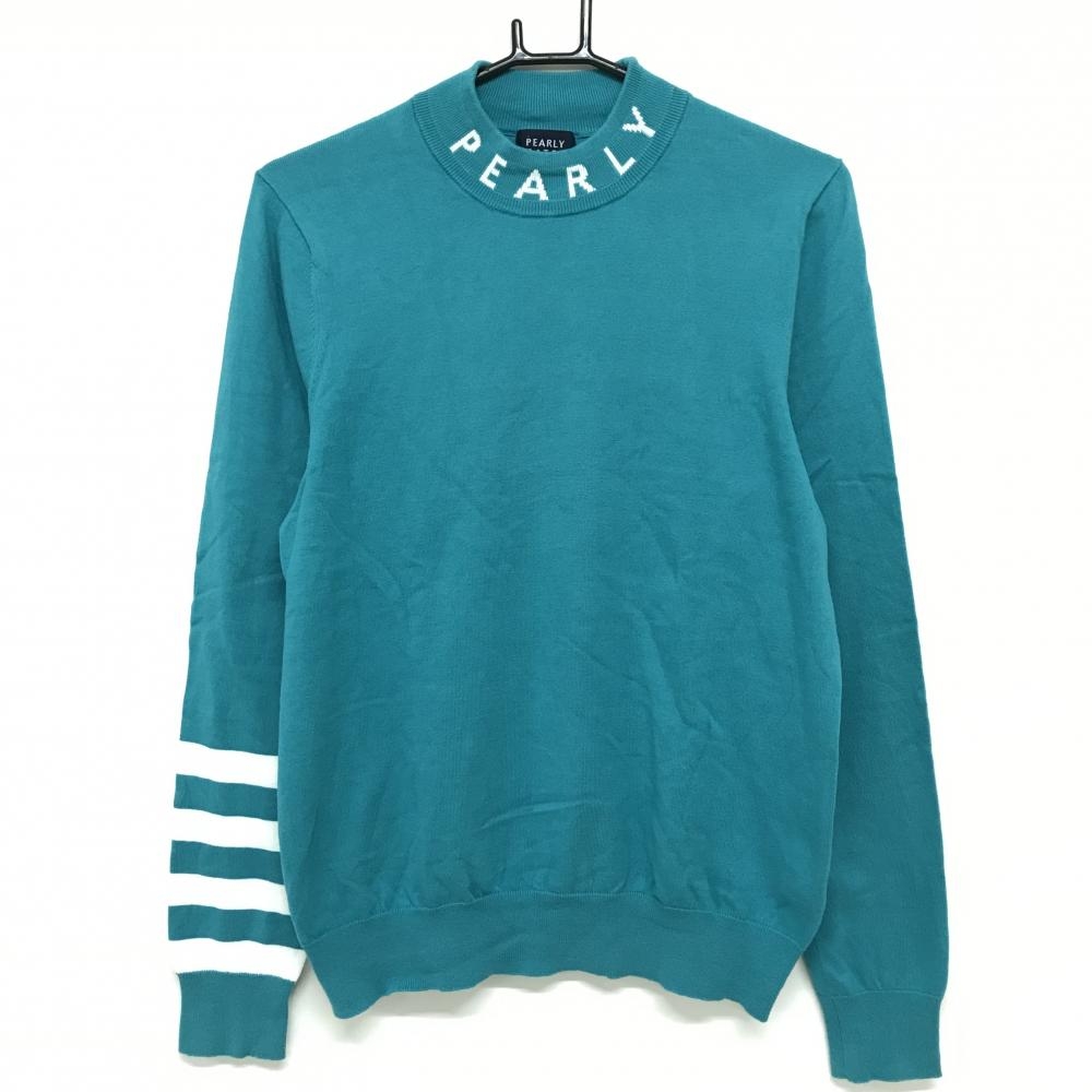 パーリーゲイツ ハイネックセーター ターコイズブルー×白 ネックロゴ ニット レディース 2(L) ゴルフウェア 2023年モデル PEARLY GATES