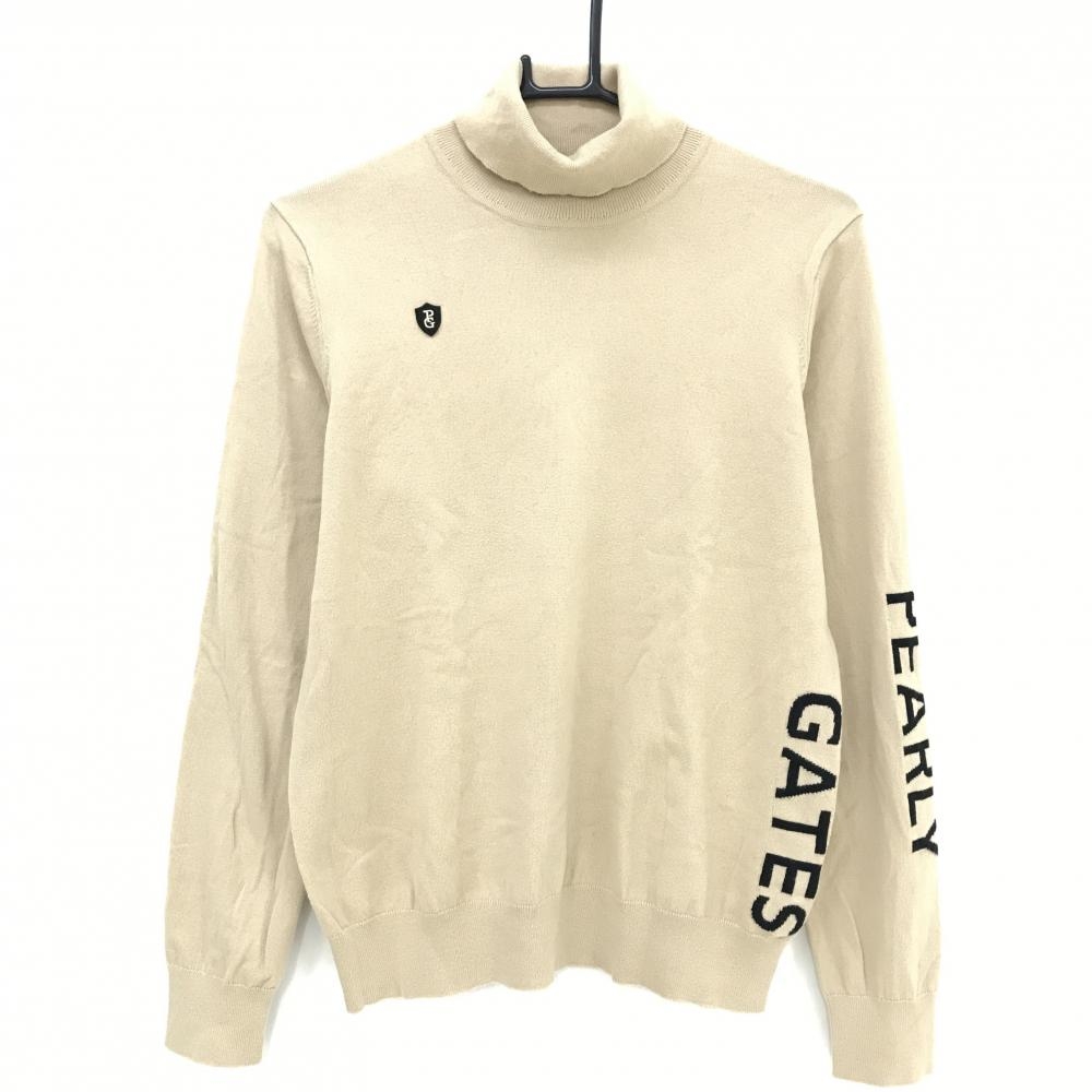 パーリーゲイツ タートルネックセーター ベージュ×黒 袖ロゴ ニット  レディース 2(L) ゴルフウェア PEARLY GATES